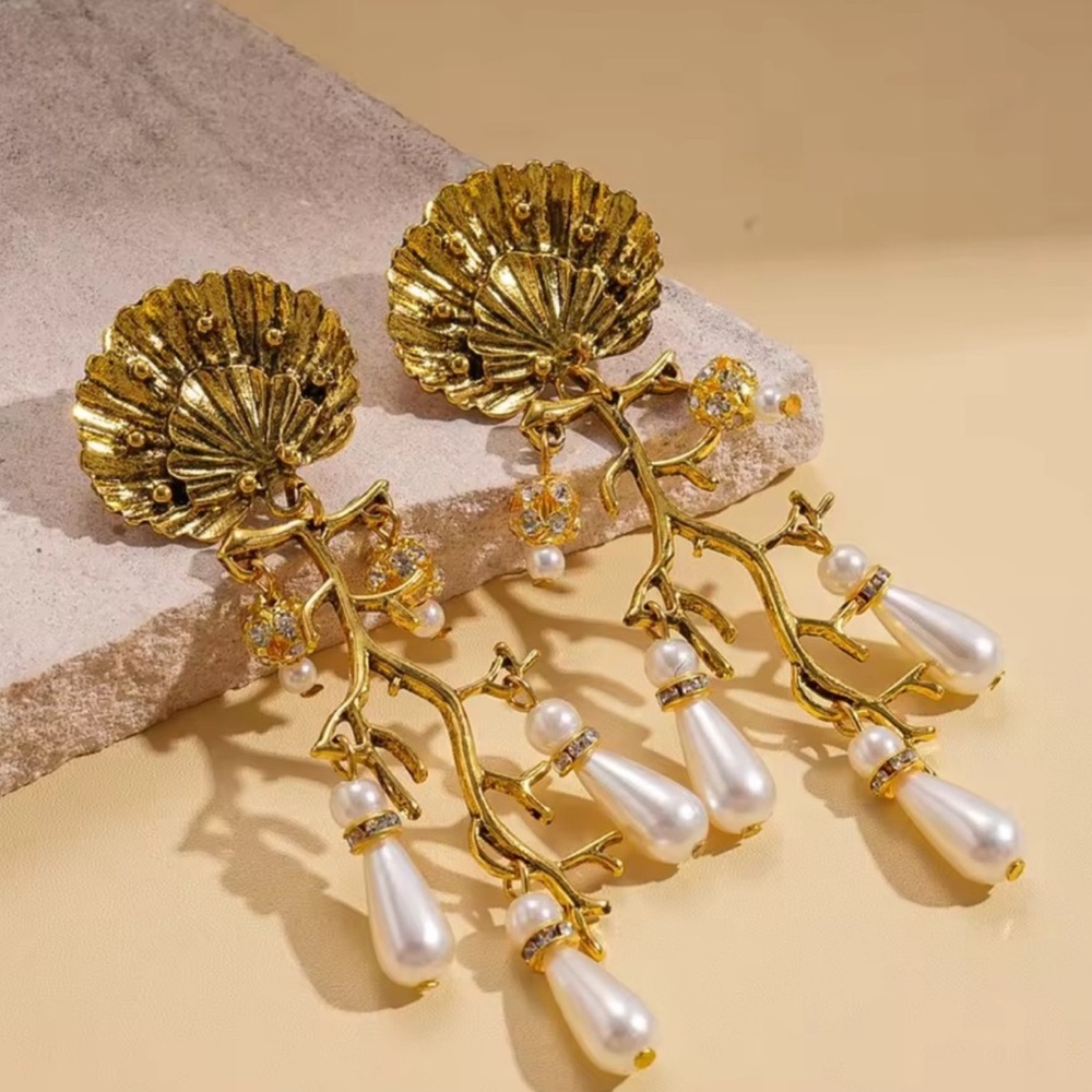 Gold Pearl Drop Branch Earrings - Women Jewelry